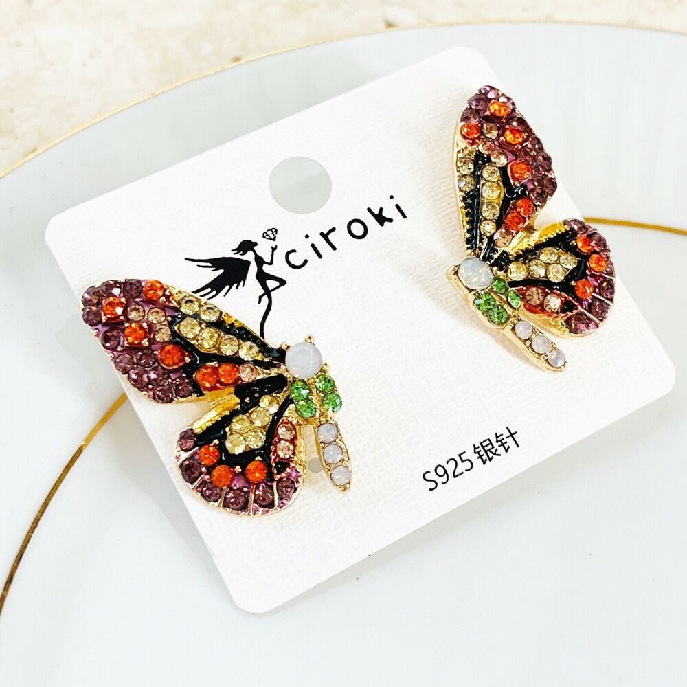 Colorful Sparkling BUTTERFLY Earrings NEW Red Pink Rhinestones Pierced Stud - Picture 3 of 9